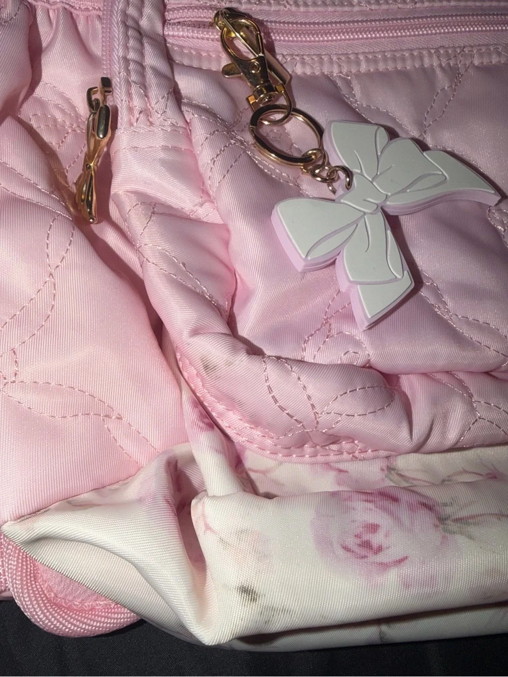 LoveShackFancy Light Pink Quilted Kids Backpack with Floral Lining and Bow Charm